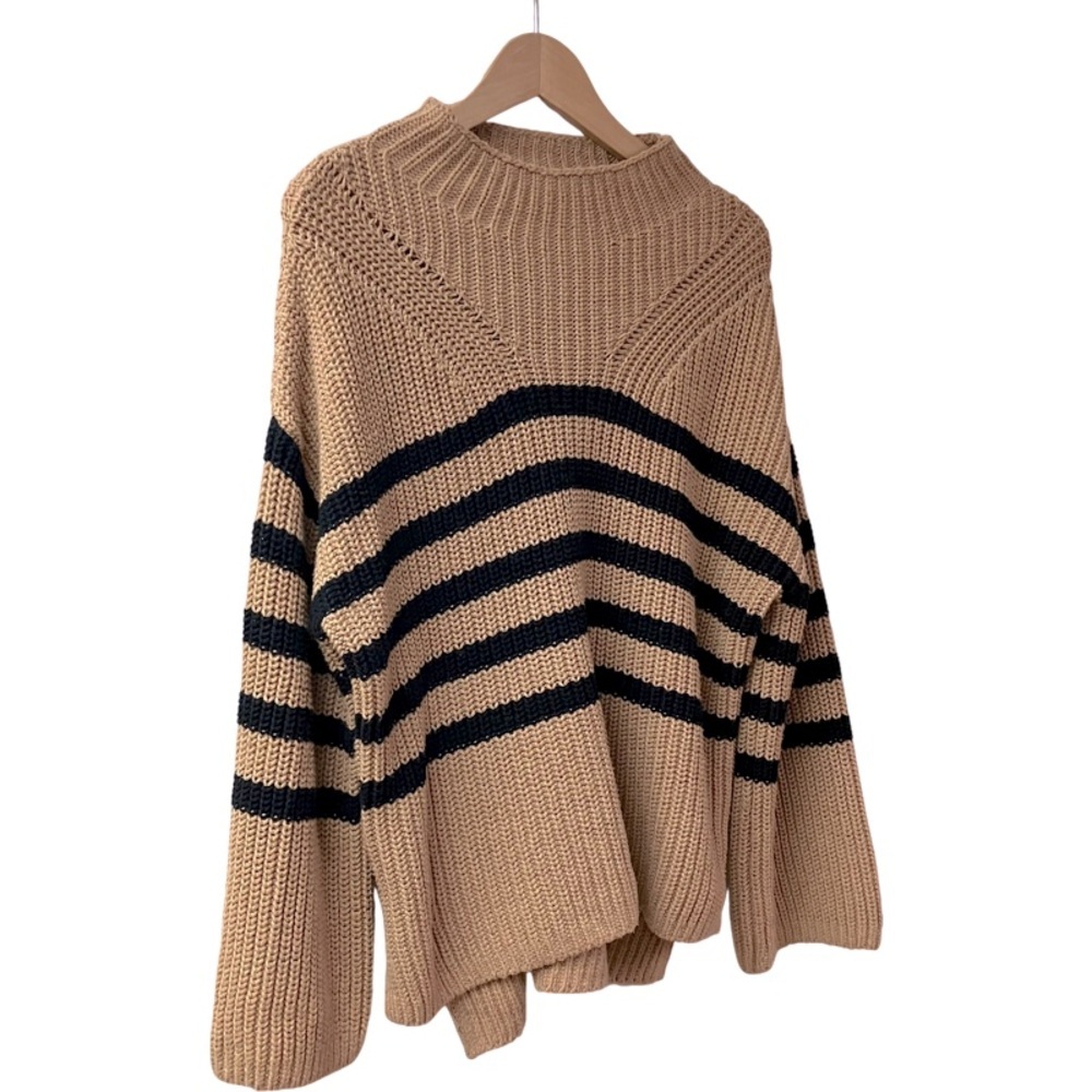 Fisherman Nautical Striped Old Navy Sweater Medium Tan Black Chunky Cozy - Picture 4 of 8